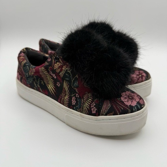 Sam Edelman Floral Black Sneakers with Pom-Poms - Picture 1 of 5